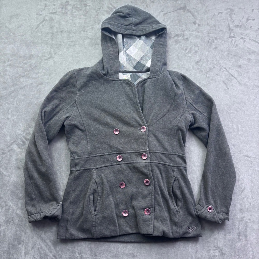 Roxy Womens Gray Double Breasted Hooded Jacket Plaid Lined Pea Coat Style Large